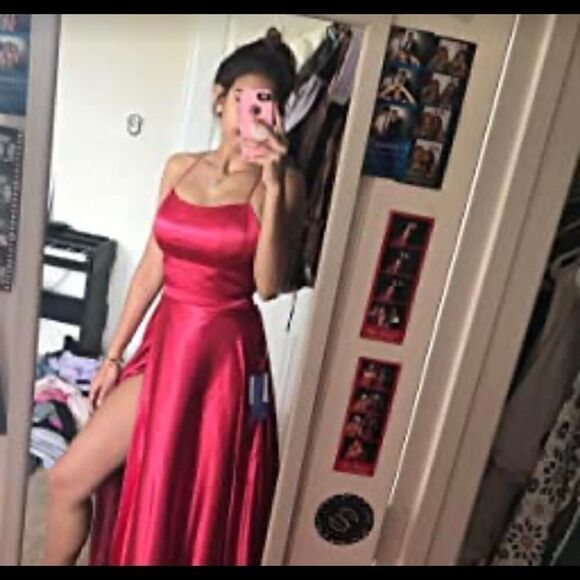 Long Slit Prom Dress Red Bridesmaid Formal Dance Spaghetti - Picture 3 of 6